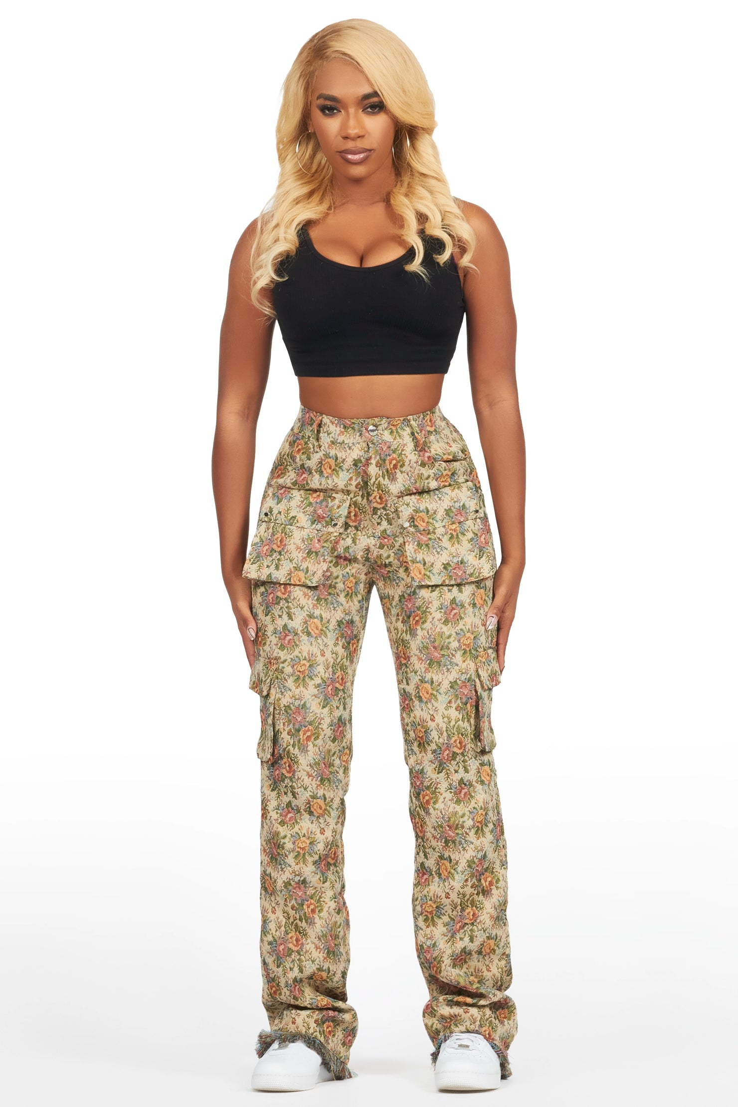 Niyah Tan Floral Tapestry Stacked Pant