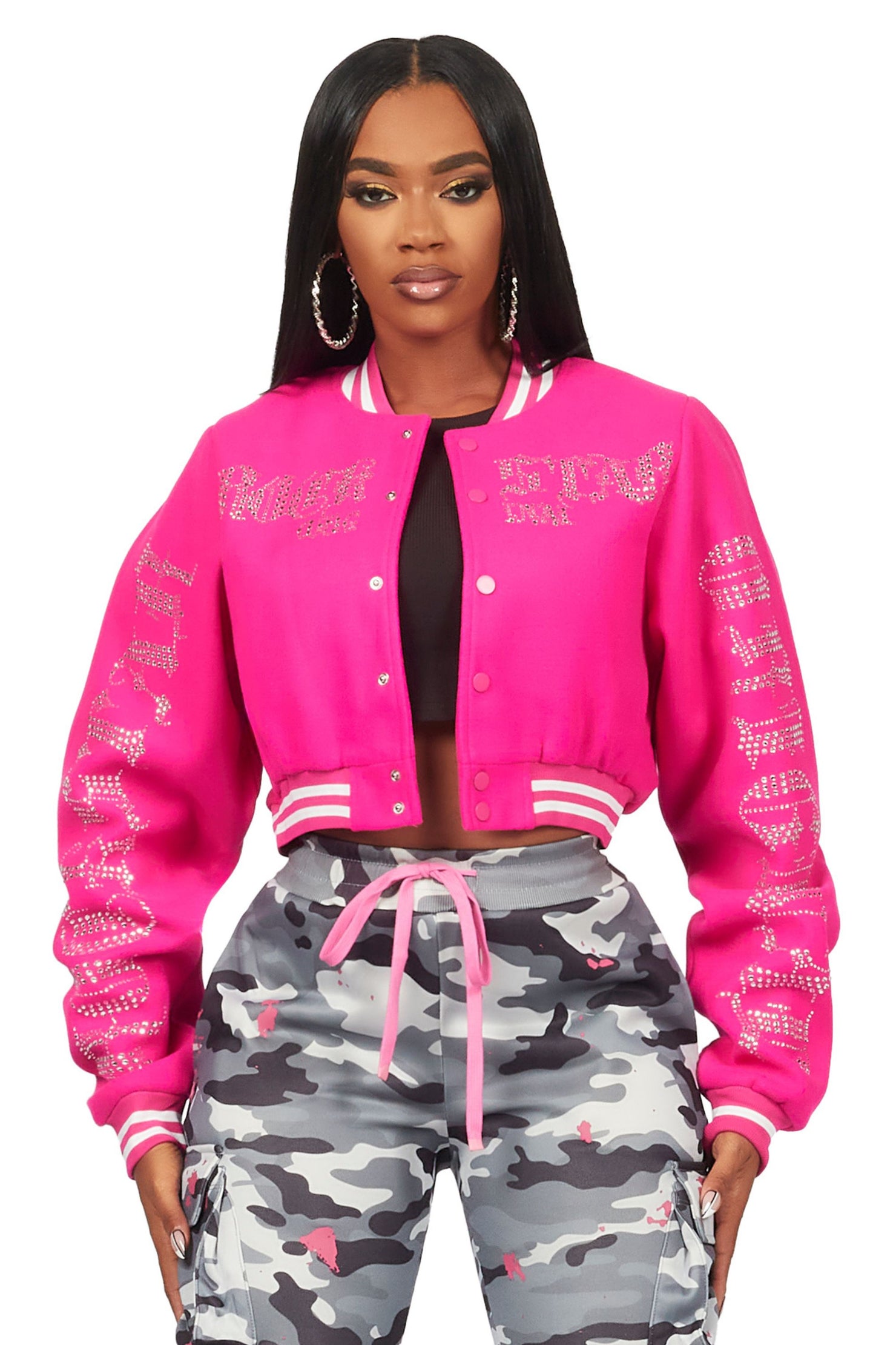 Gianni Hot Pink Crop Rhinestone Varsity Jacket