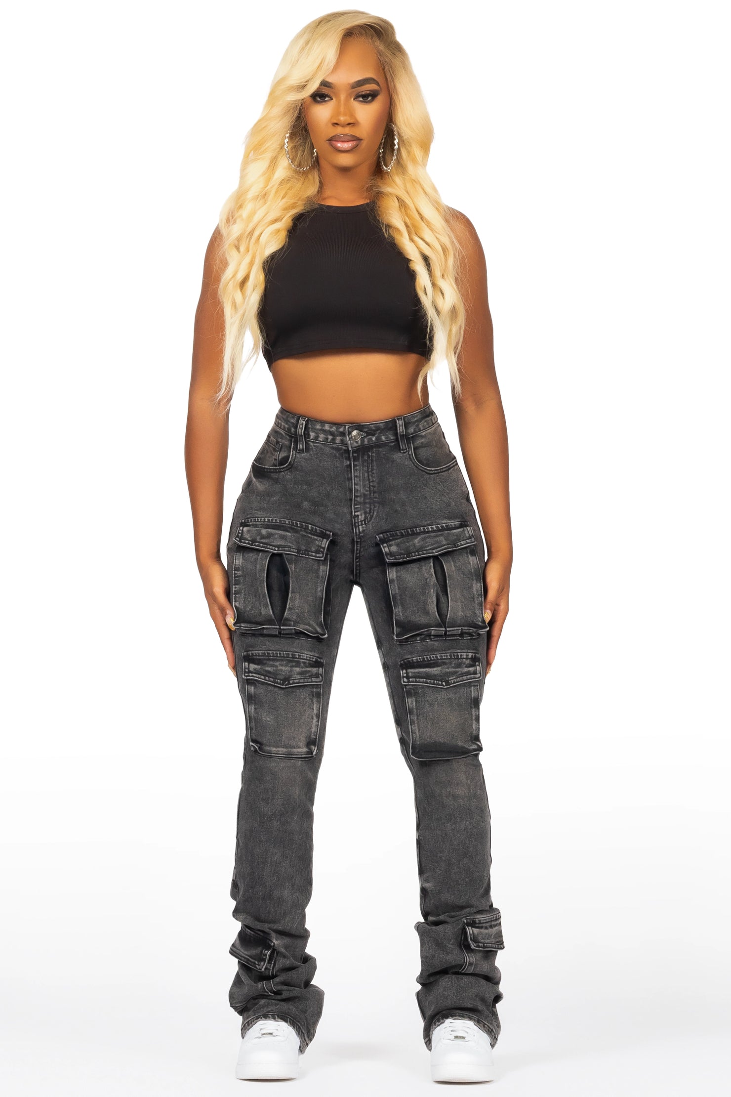 Angella Black Wash Cargo Super Stacked Jean