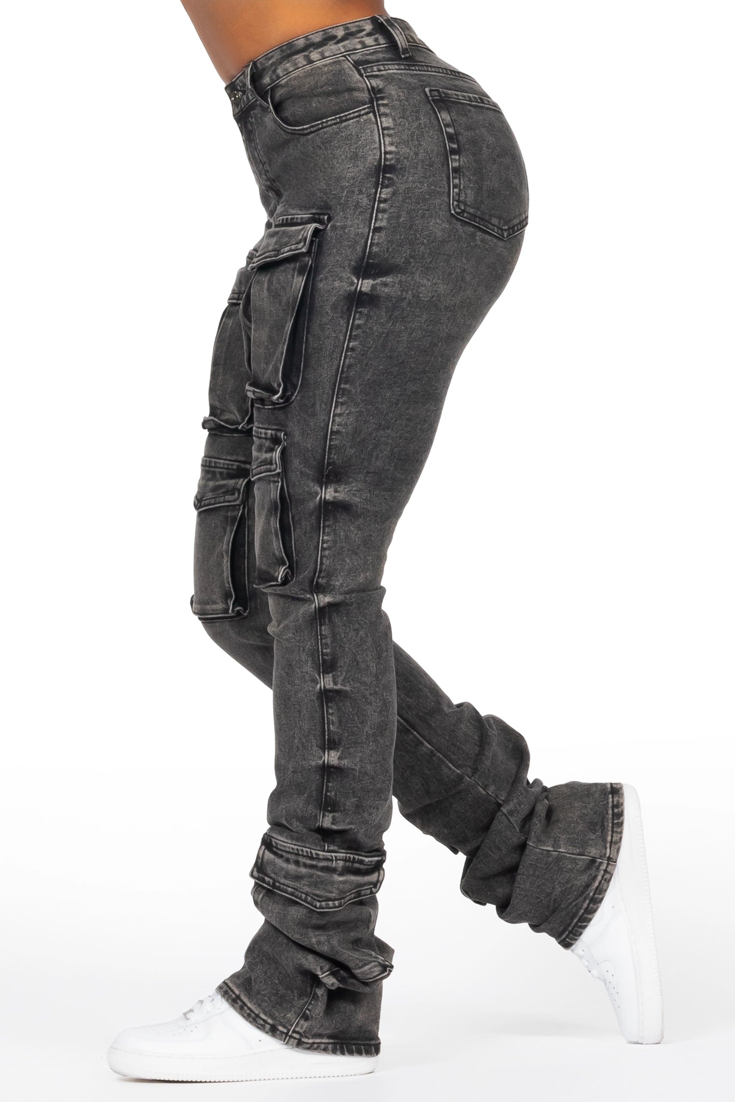 Angella Black Wash Cargo Super Stacked Jean