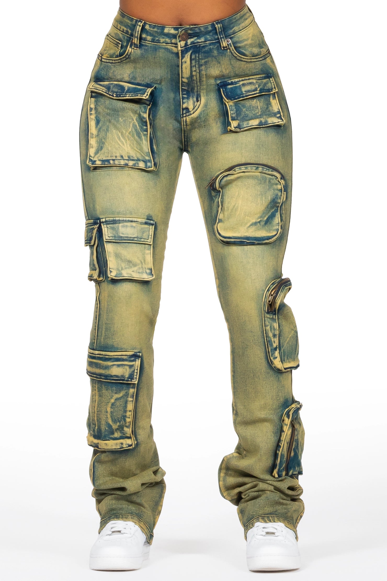 Symone Tinted Dark Wash Cargo Stacked Flare Jean