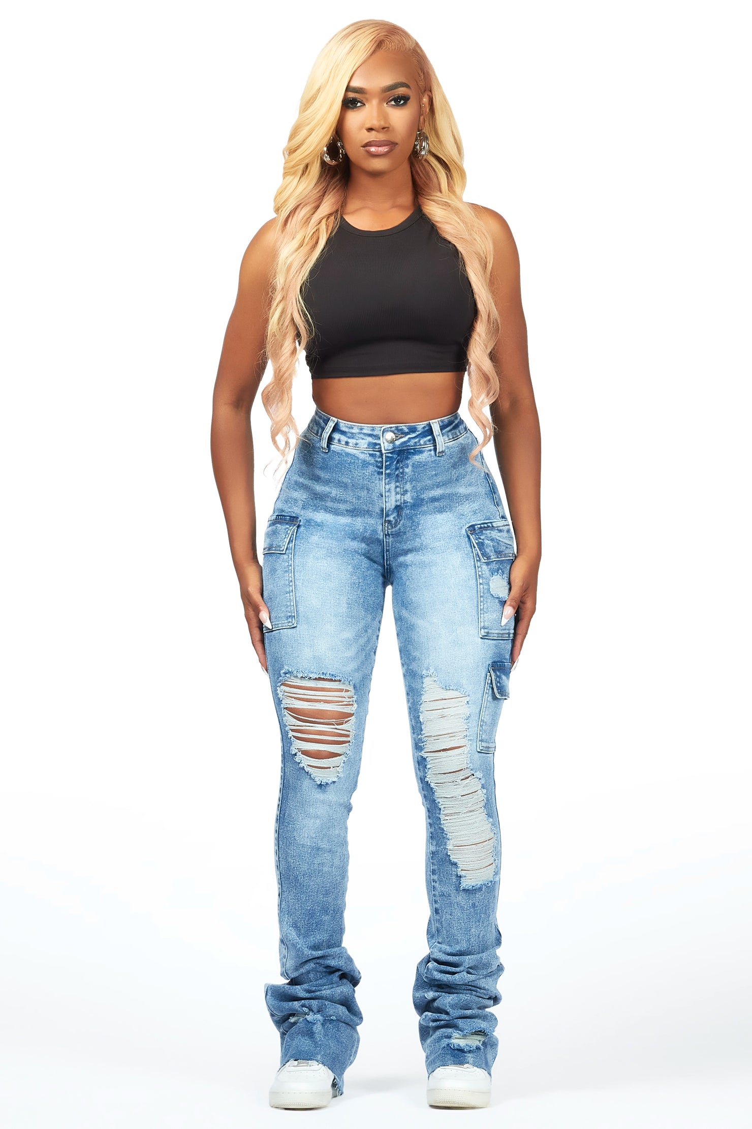 Vixen Acid Wash Distressed Cargo Super Stacked Jean