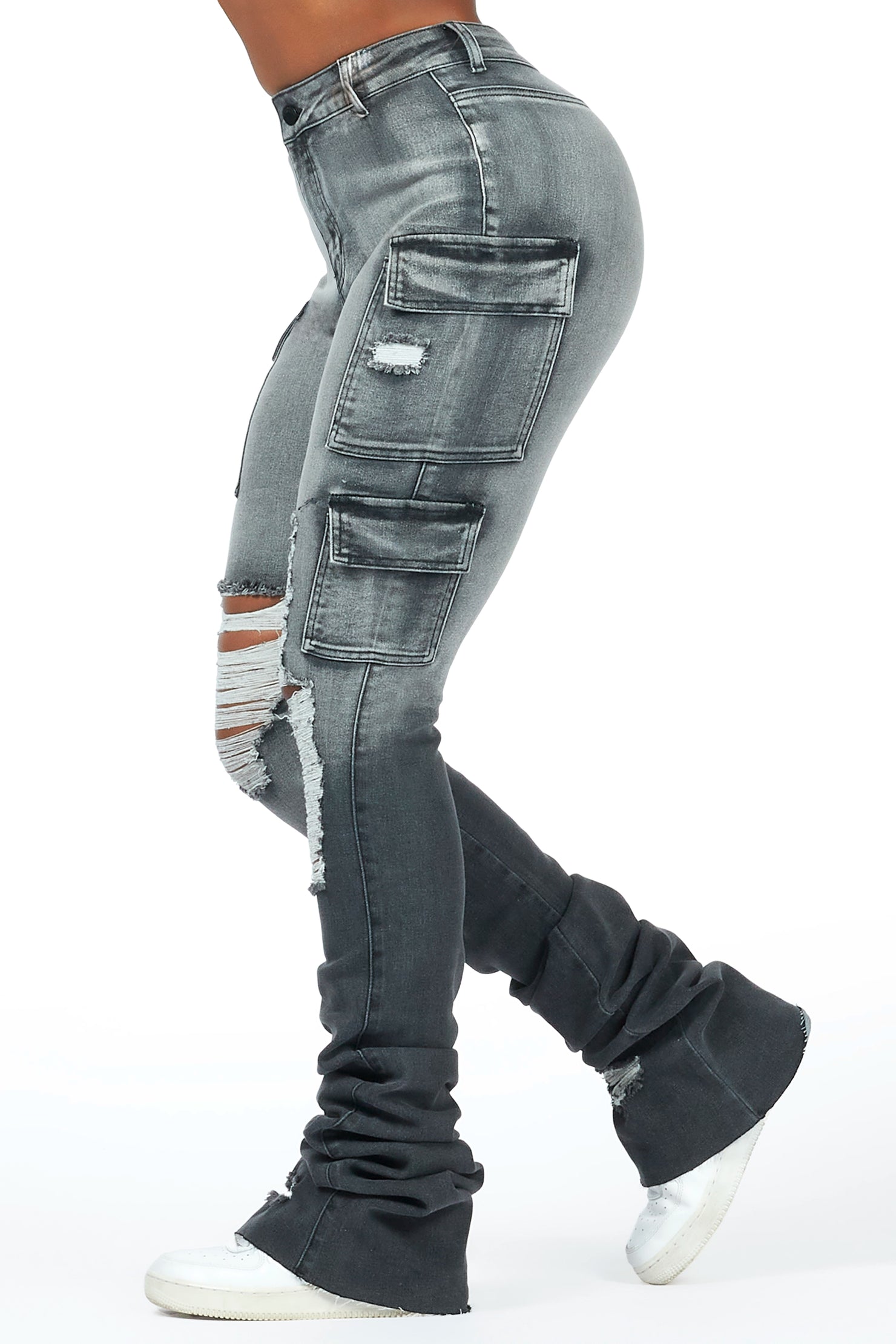 Vixen Grey Wash Distressed Cargo Super Stacked Jean