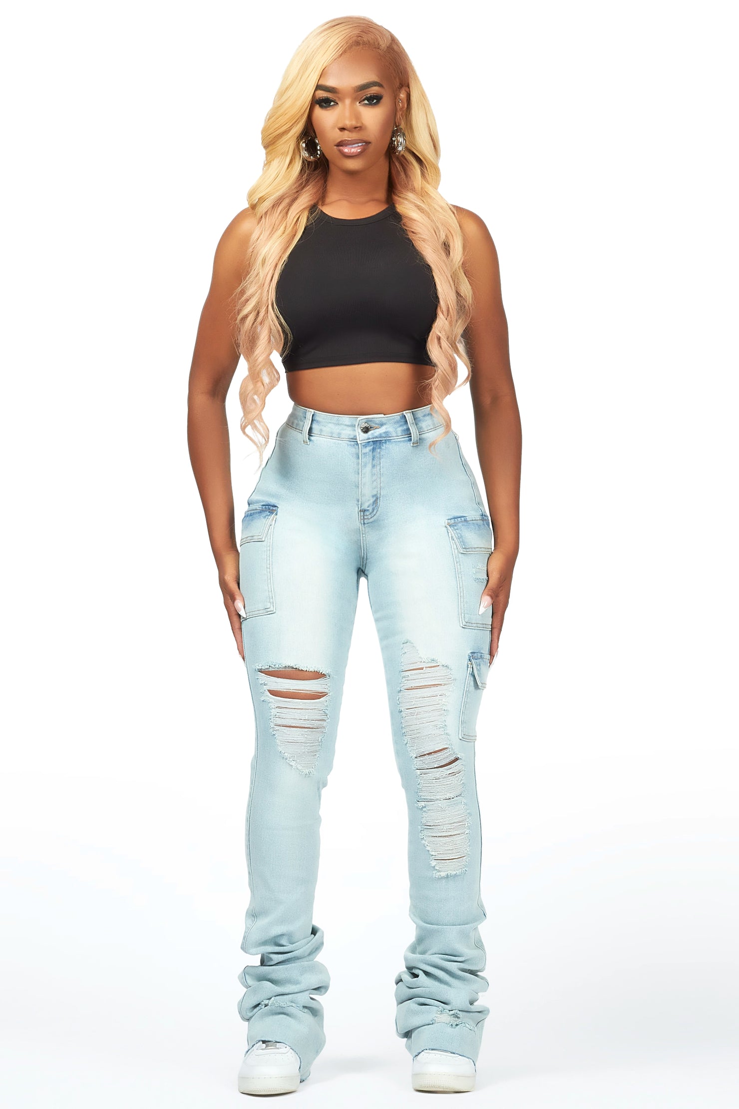 Vixen Tinted Light Wash Distressed Cargo Super Stacked Jean