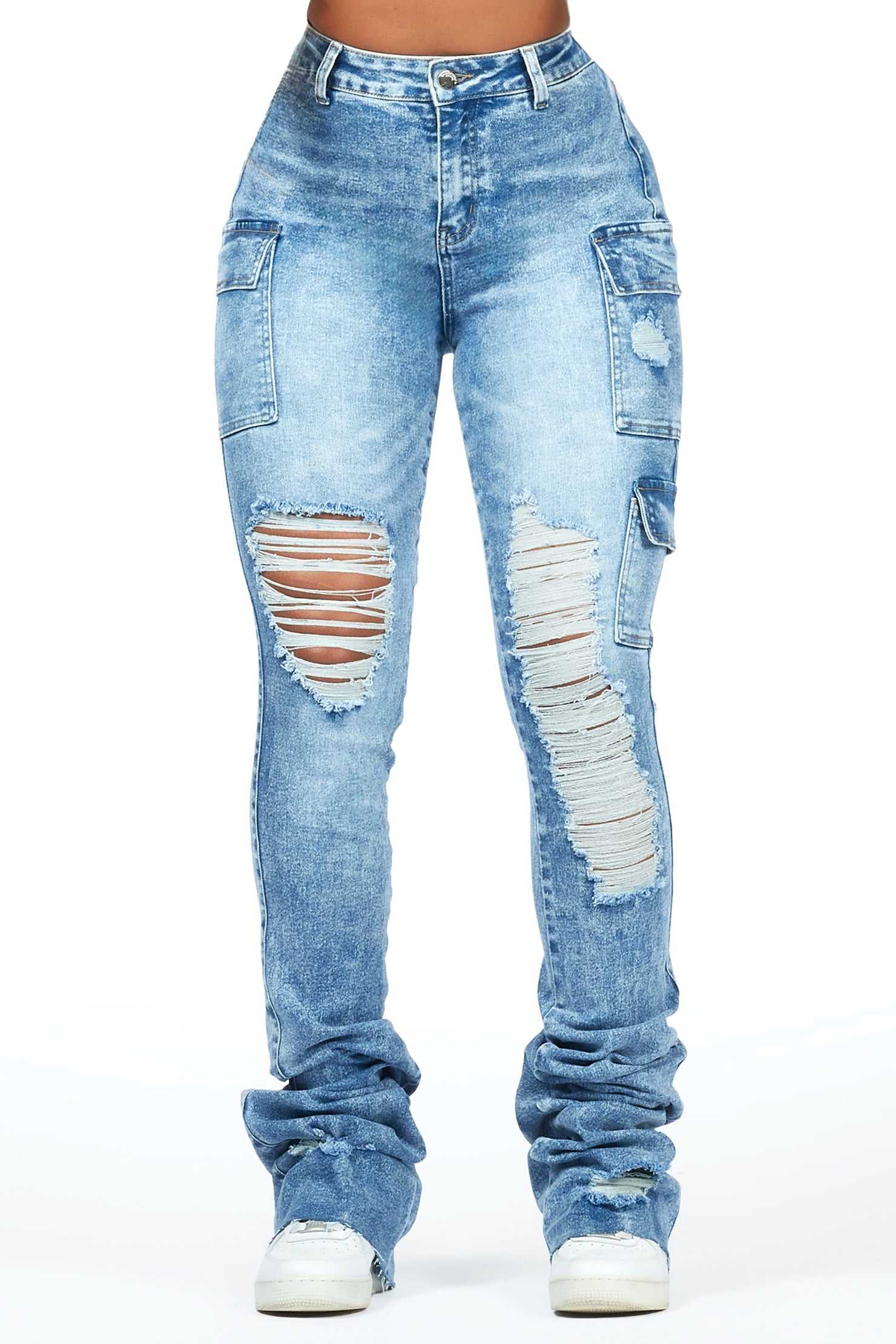 Vixen Acid Wash Distressed Cargo Super Stacked Jean