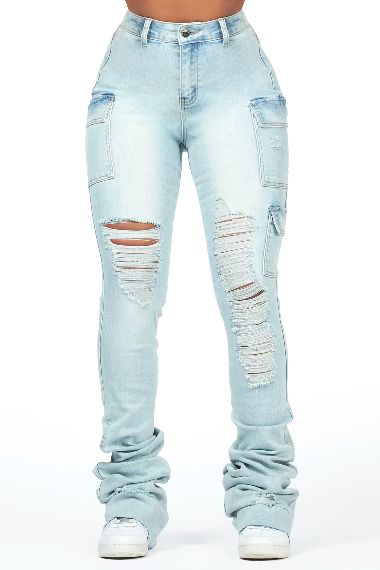 Vixen Tinted Light Wash Distressed Cargo Super Stacked Jean