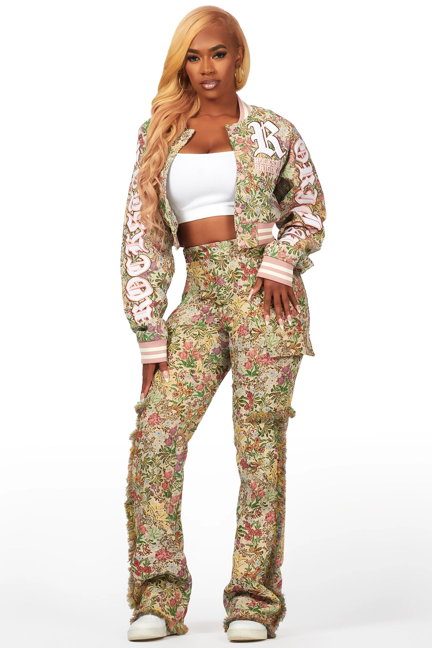 Tamia Beige Floral Tapestry Stacked Pant