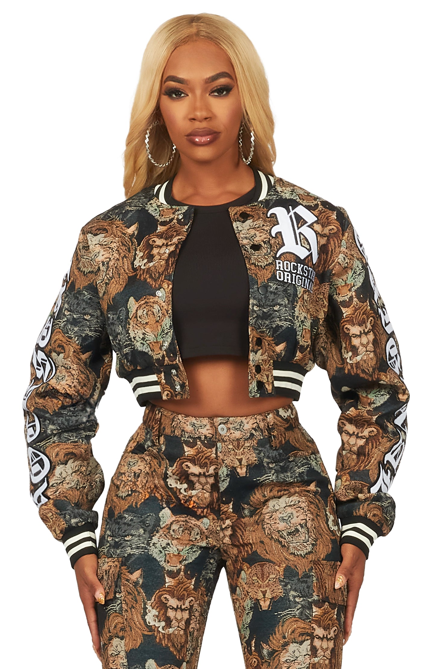 Khadiyah Black Crop Tapestry Varsity Jacket