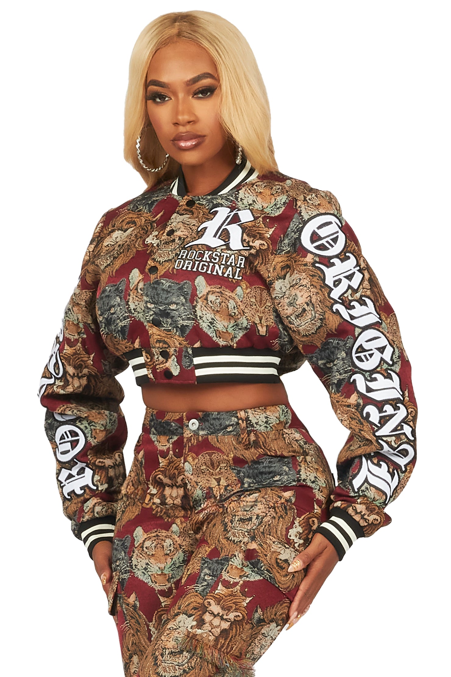 Khadiyah Red Crop Tapestry Varsity Jacket