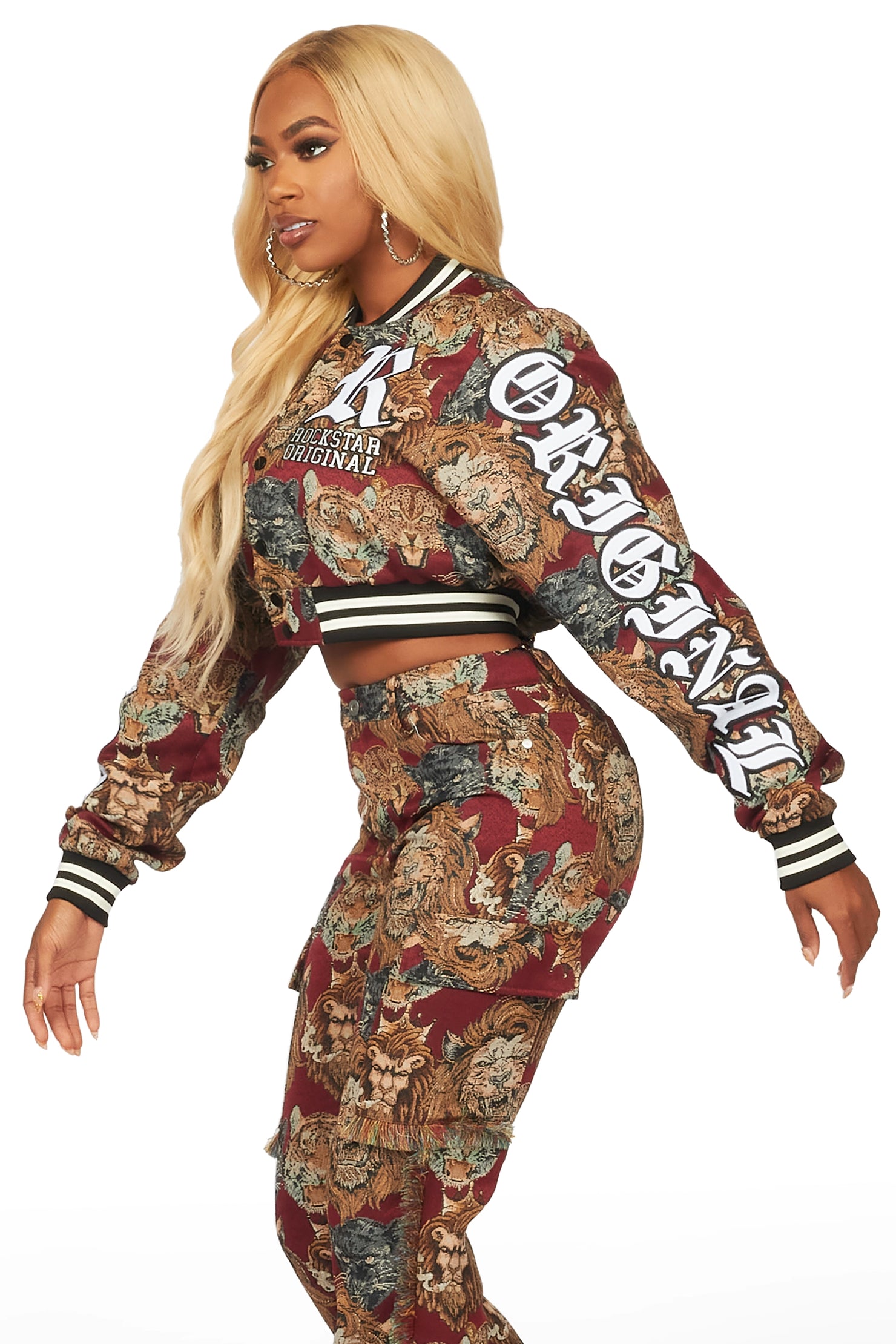 Khadiyah Red Crop Tapestry Varsity Jacket