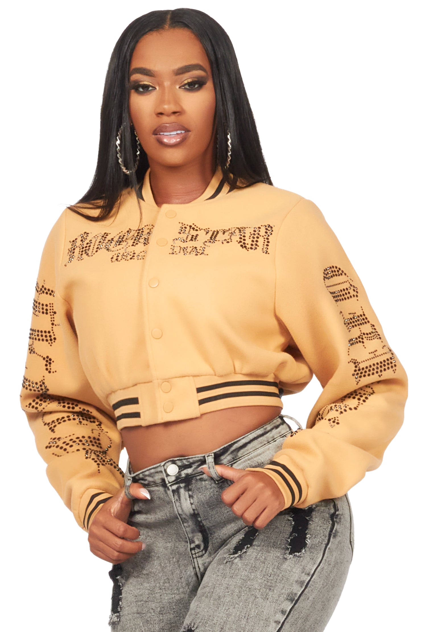 Gianni Tan Crop Rhinestone Varsity Jacket