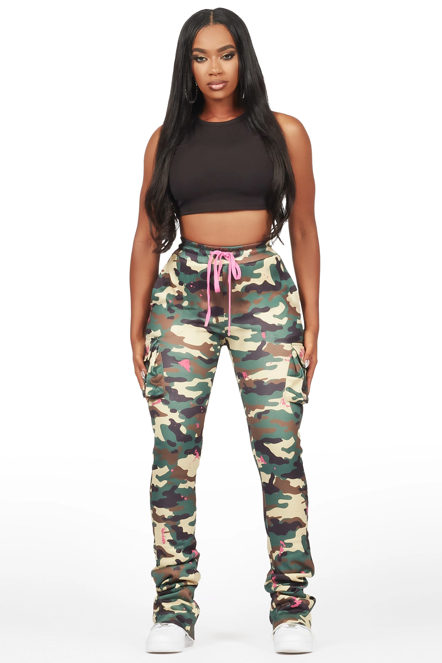 Lavenda Green Camo Cargo Stacked Track Pant