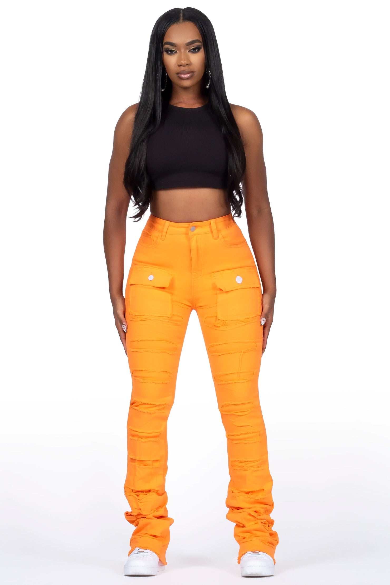 Tonea Orange Stacked Flare Jean