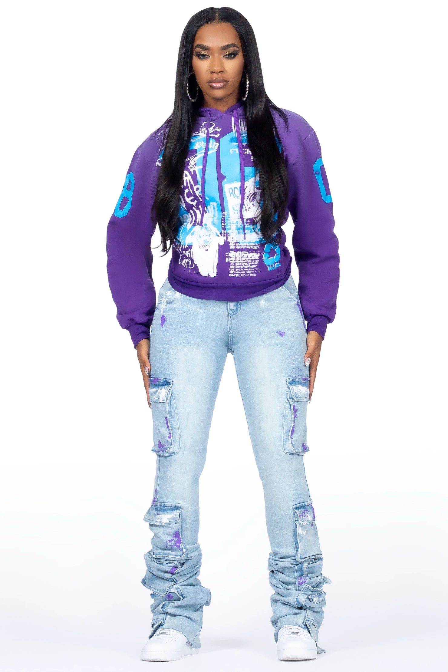 Keiona Purple/Blue Hoodie/Super Stacked Jean Set