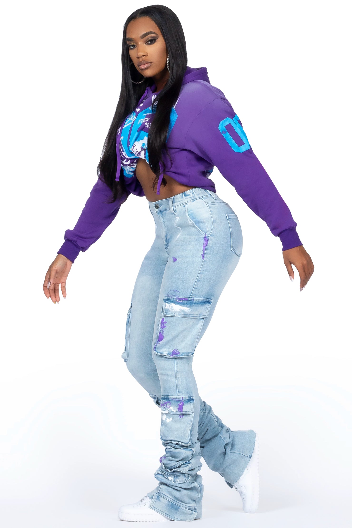 Keiona Purple/Blue Hoodie/Super Stacked Jean Set