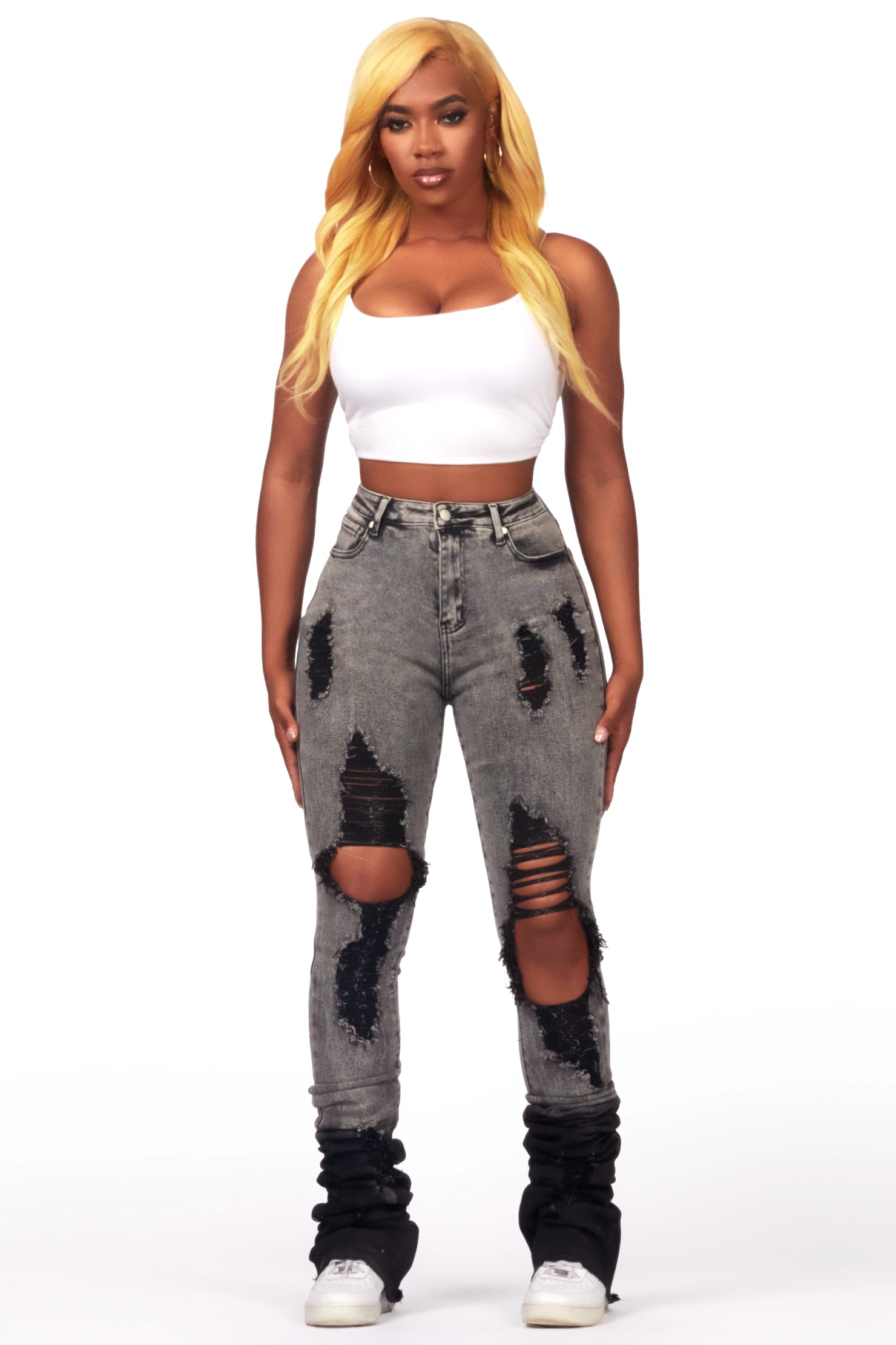 Shyanna Black Wash Distressed Super Stacked Jean