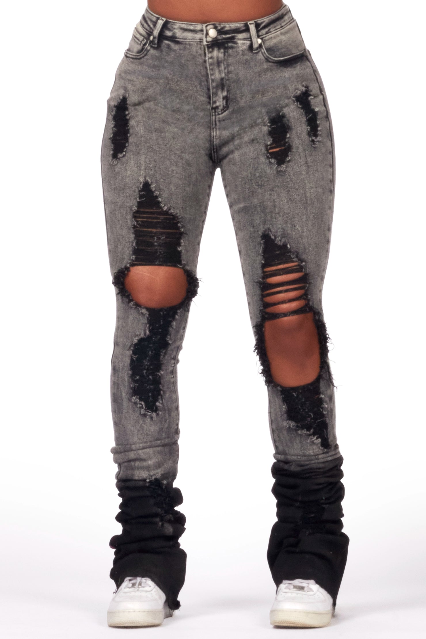 Shyanna Black Wash Distressed Super Stacked Jean