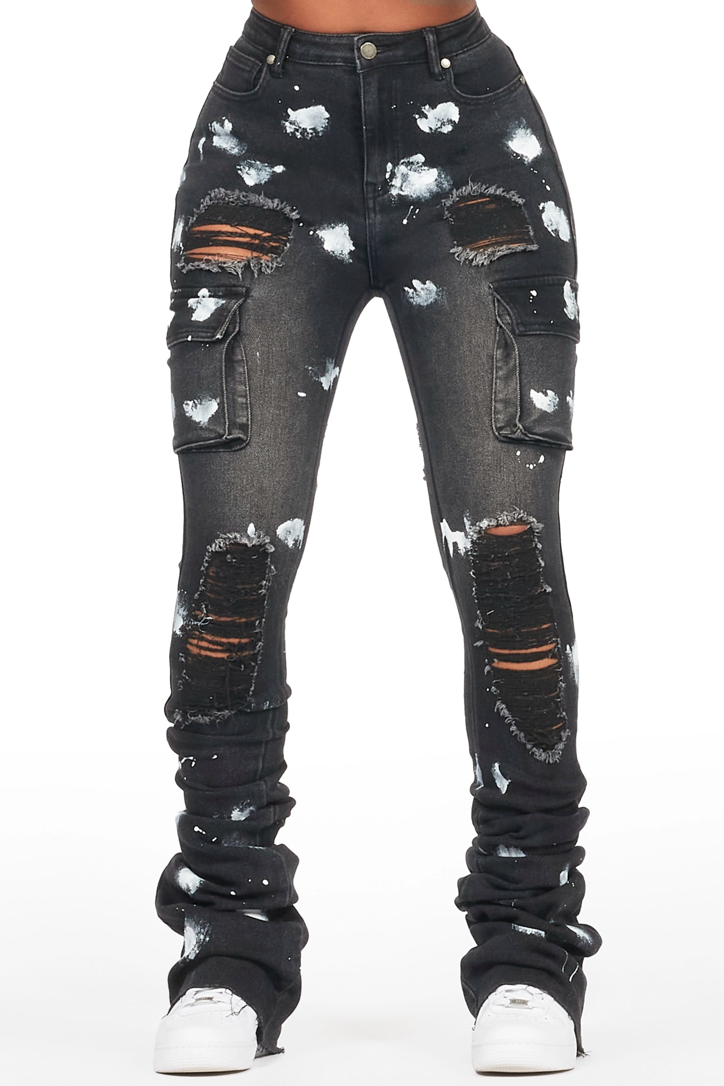 Tersenis Black Painted Cargo Super Stacked Jean