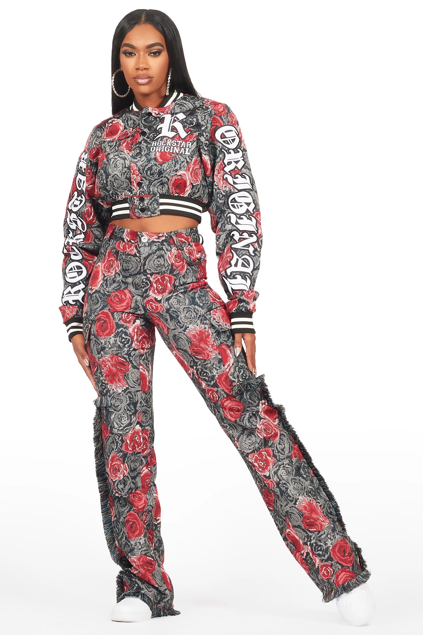 Darresha Black/Red Crop Tapestry Varsity Jacket