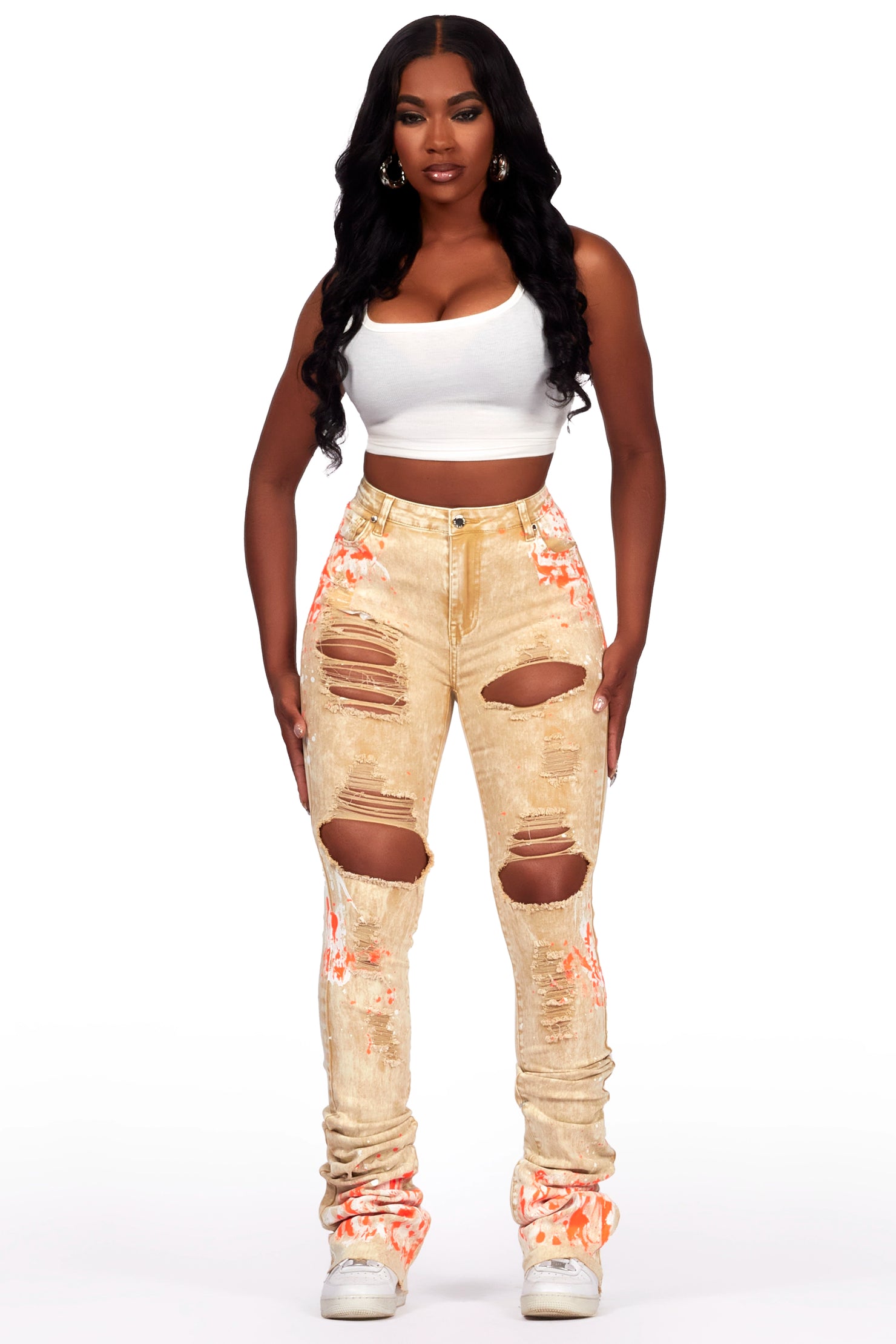 Calisha Tan Painted Super Stacked Jean