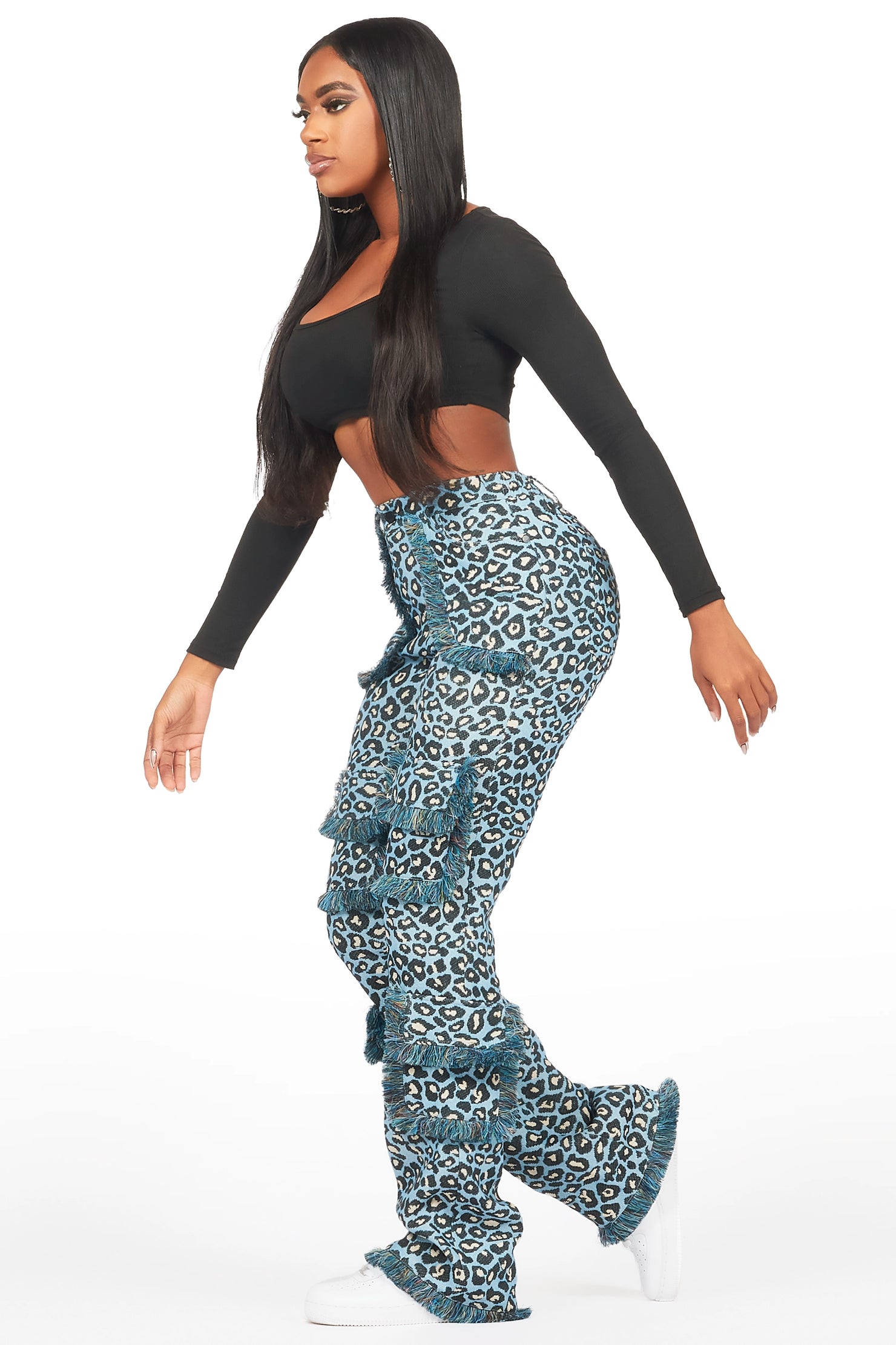 Jelissa Blue Cheetah Tapestry Stacked Pant