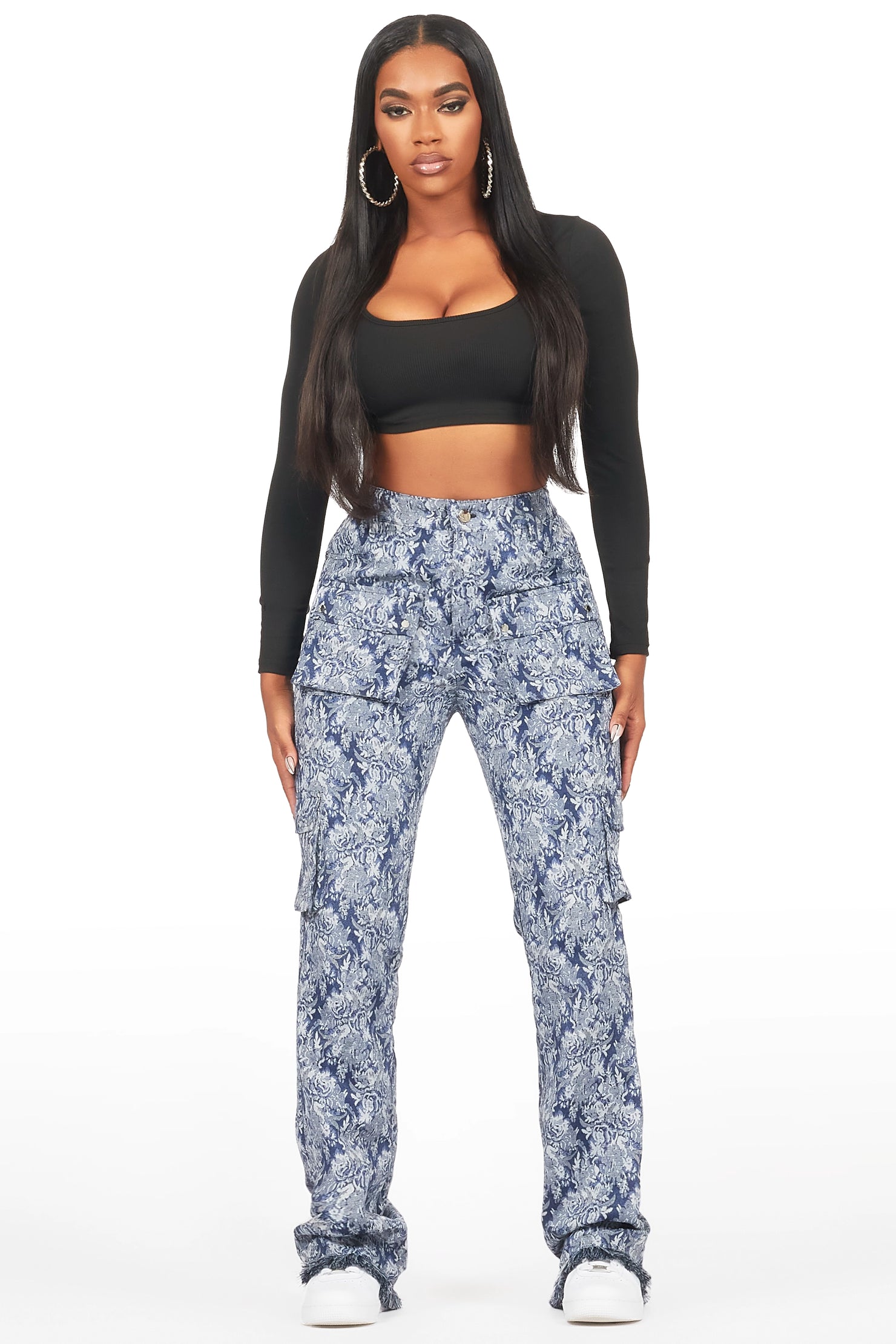 Viviane Blue Floral Tapestry Stacked Pant