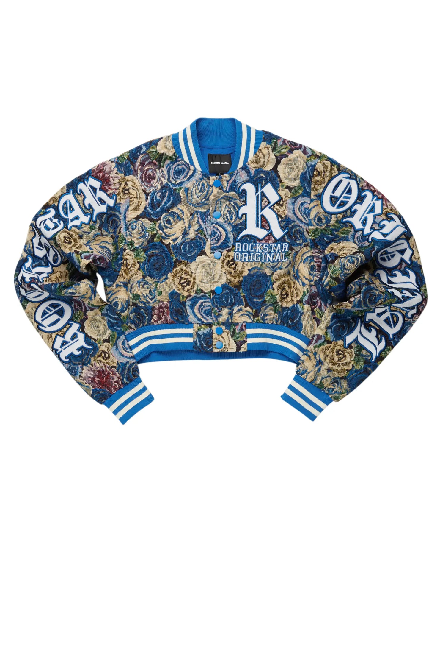 Darresha Blue Crop Tapestry Varsity Jacket