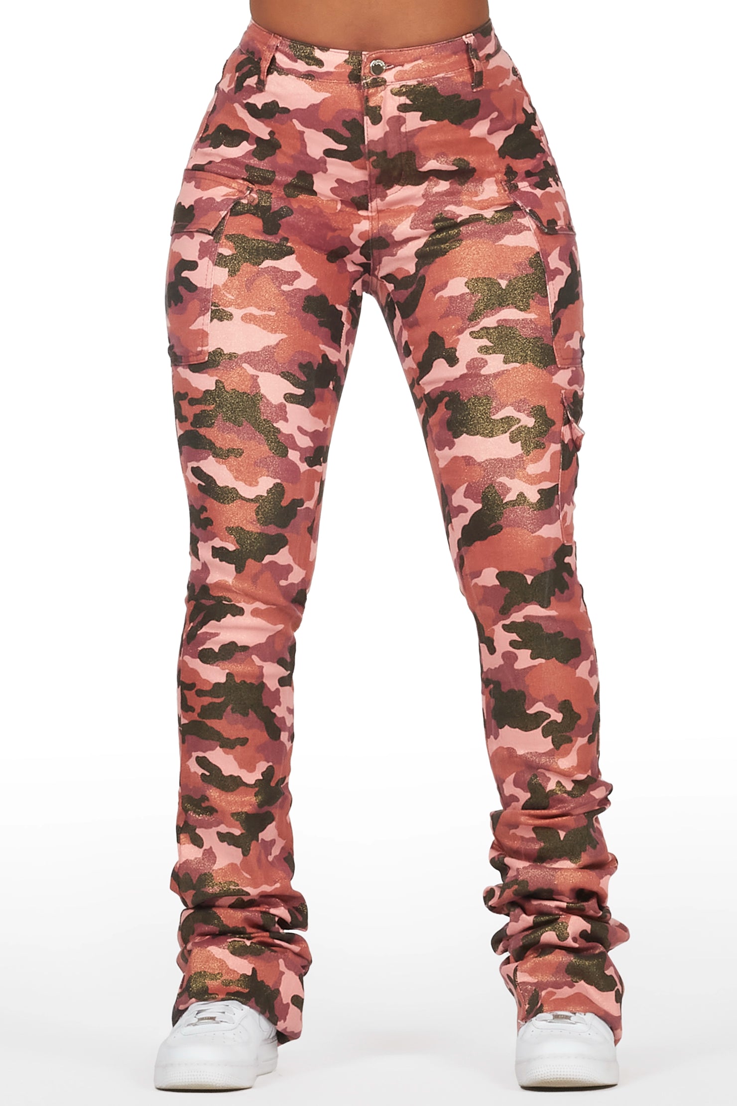 Alaysha Burgundy Camo Cargo Super Stacked PU Pant