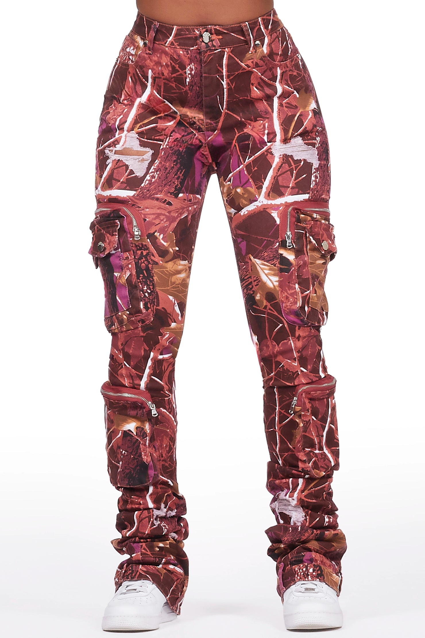 Alisson Burgundy Tree Camo Cargo Super Stacked Jean