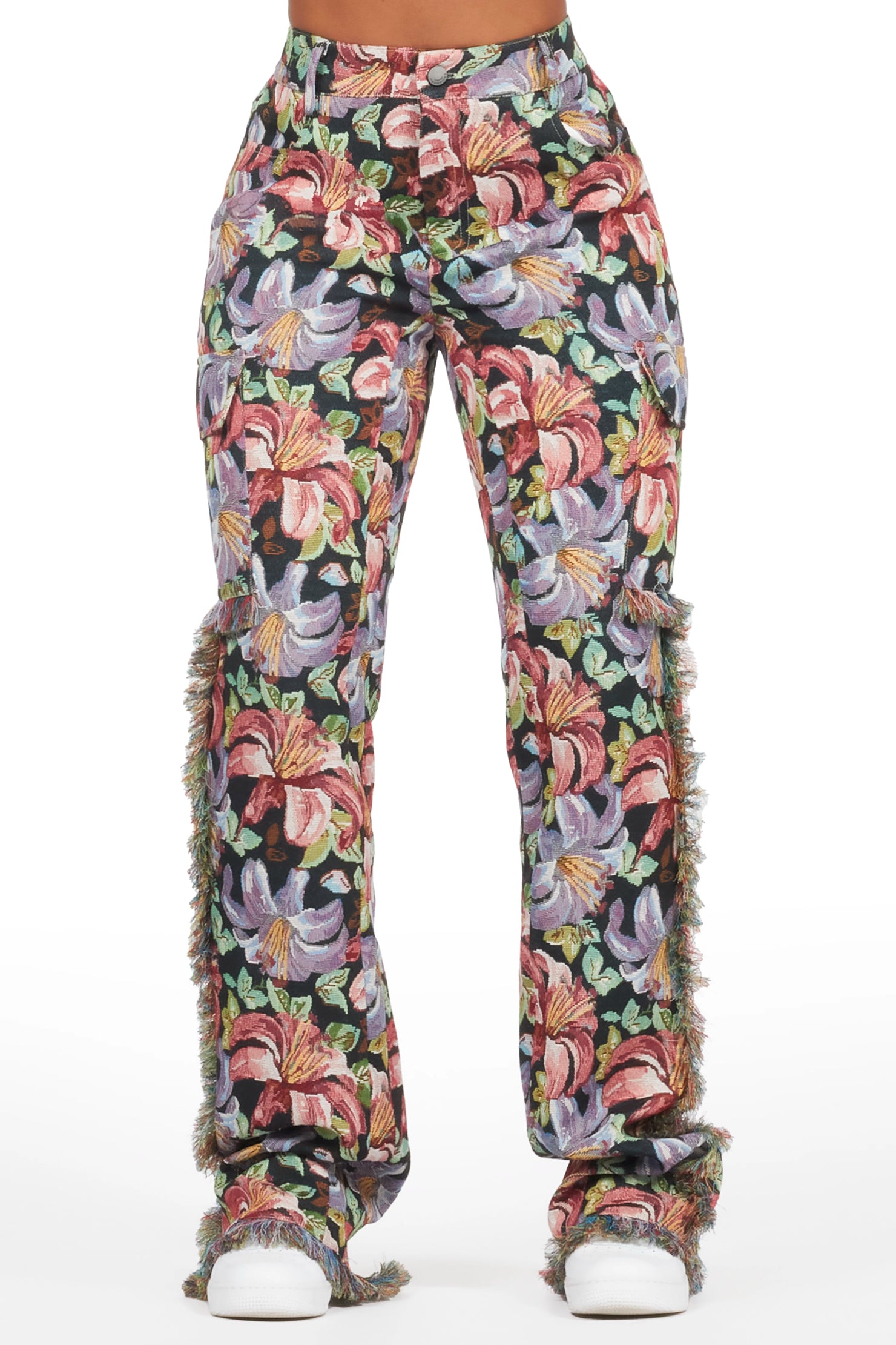 Tykima Black Floral Cargo Tapestry Stacked Pant