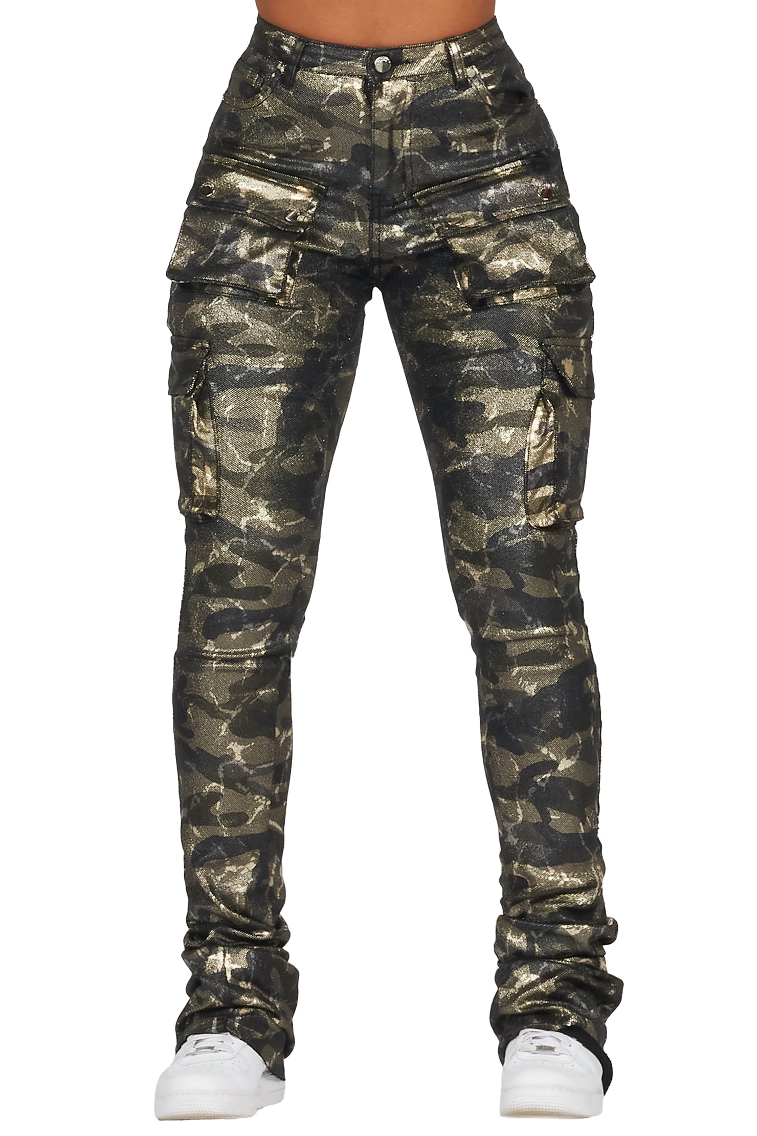 Miyah Green Camo Cargo Super Stacked PU Pant