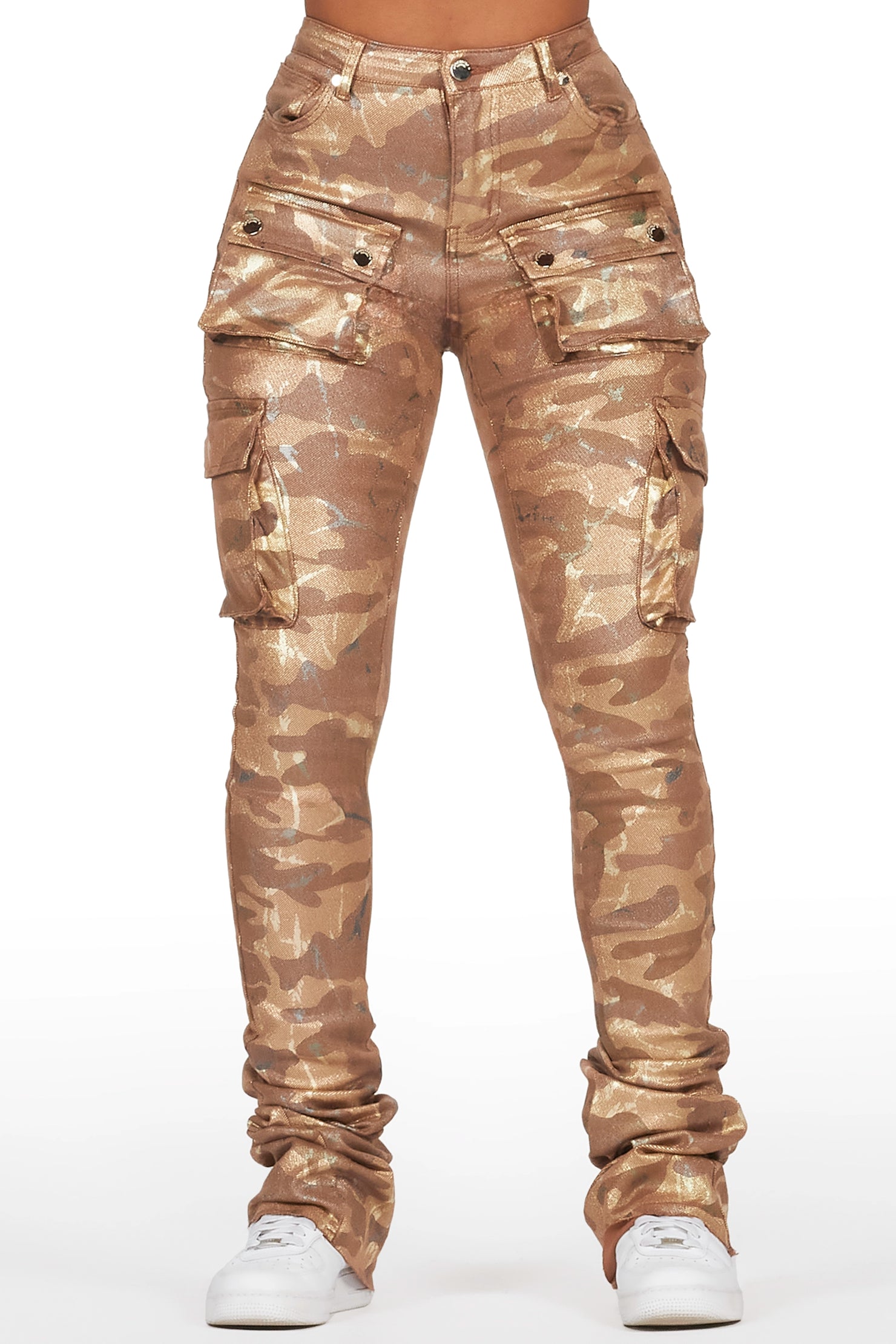 Miyah Brown Camo Cargo Super Stacked PU Pant