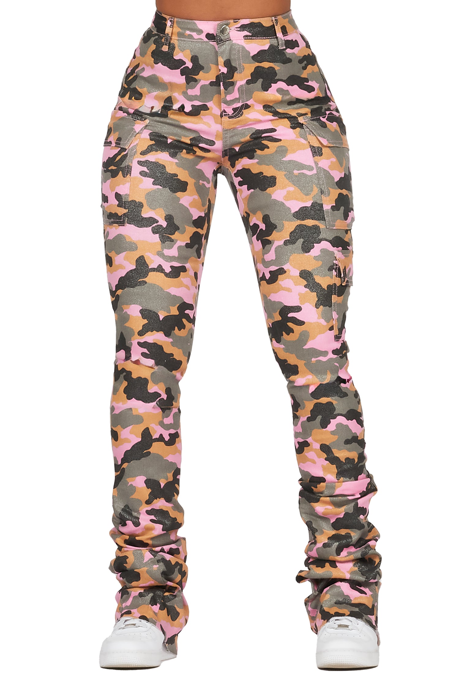 Alaysha Pink Camo Cargo Super Stacked PU Pant