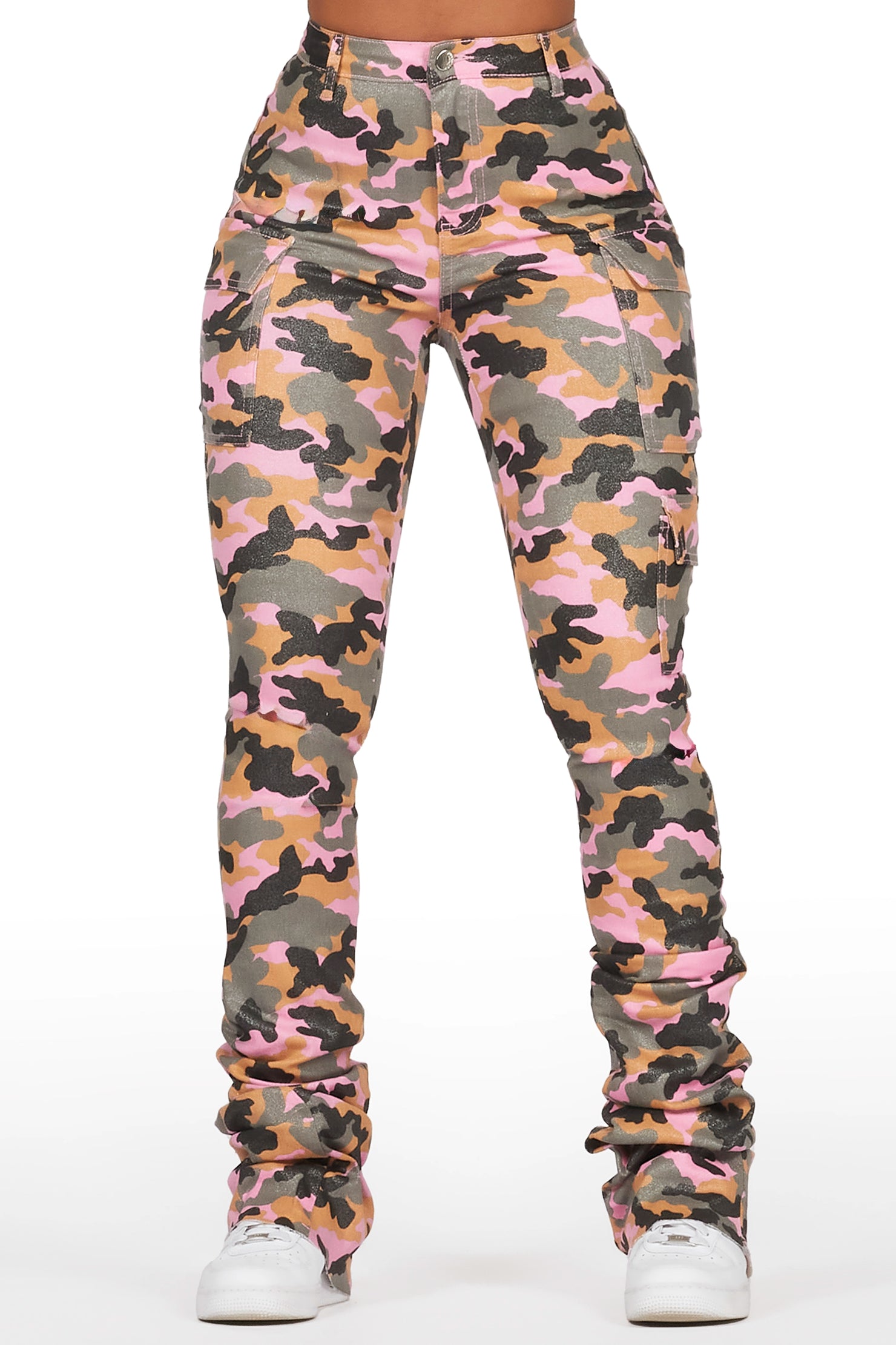 Alaysha Pink Camo Cargo Super Stacked PU Pant