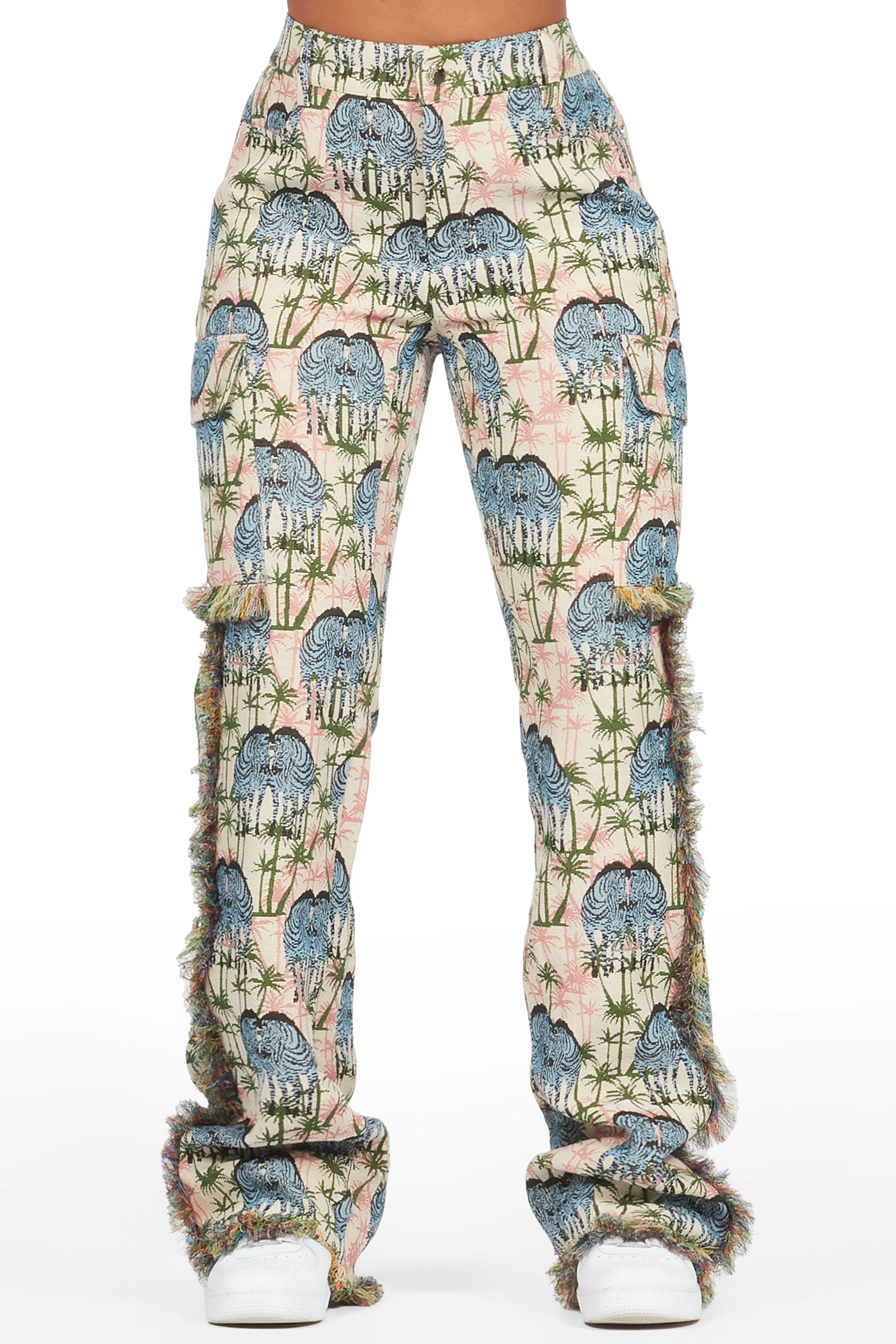 Zeontee Pink Animal Print Cargo Tapestry Stacked Pant