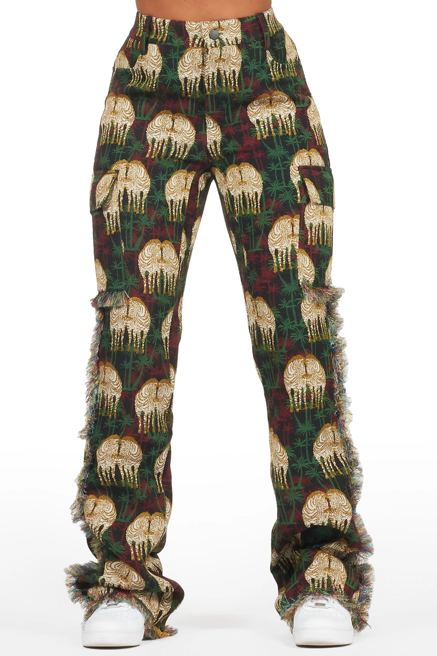 Zeontee Black Animal Print Cargo Tapestry Stacked Pant