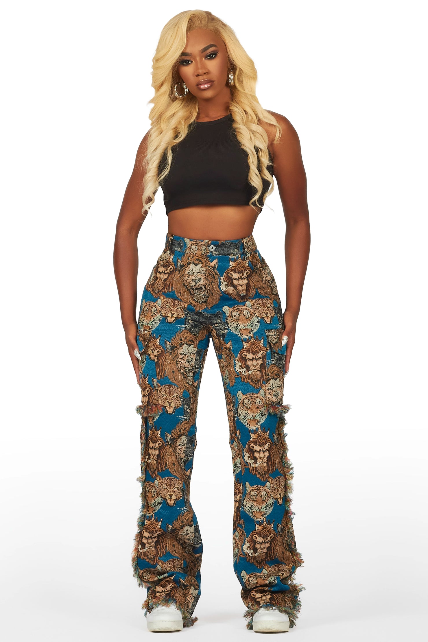 Khadiyah Blue Animal Print Tapestry Stacked Pant