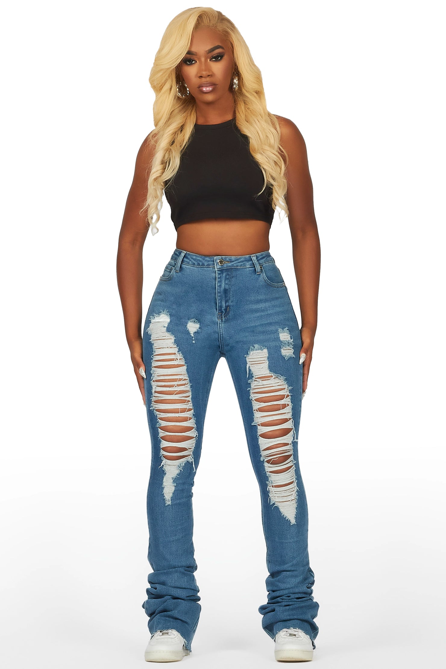 Yours Truly Med. Wash Distressed Super Stacked Jean