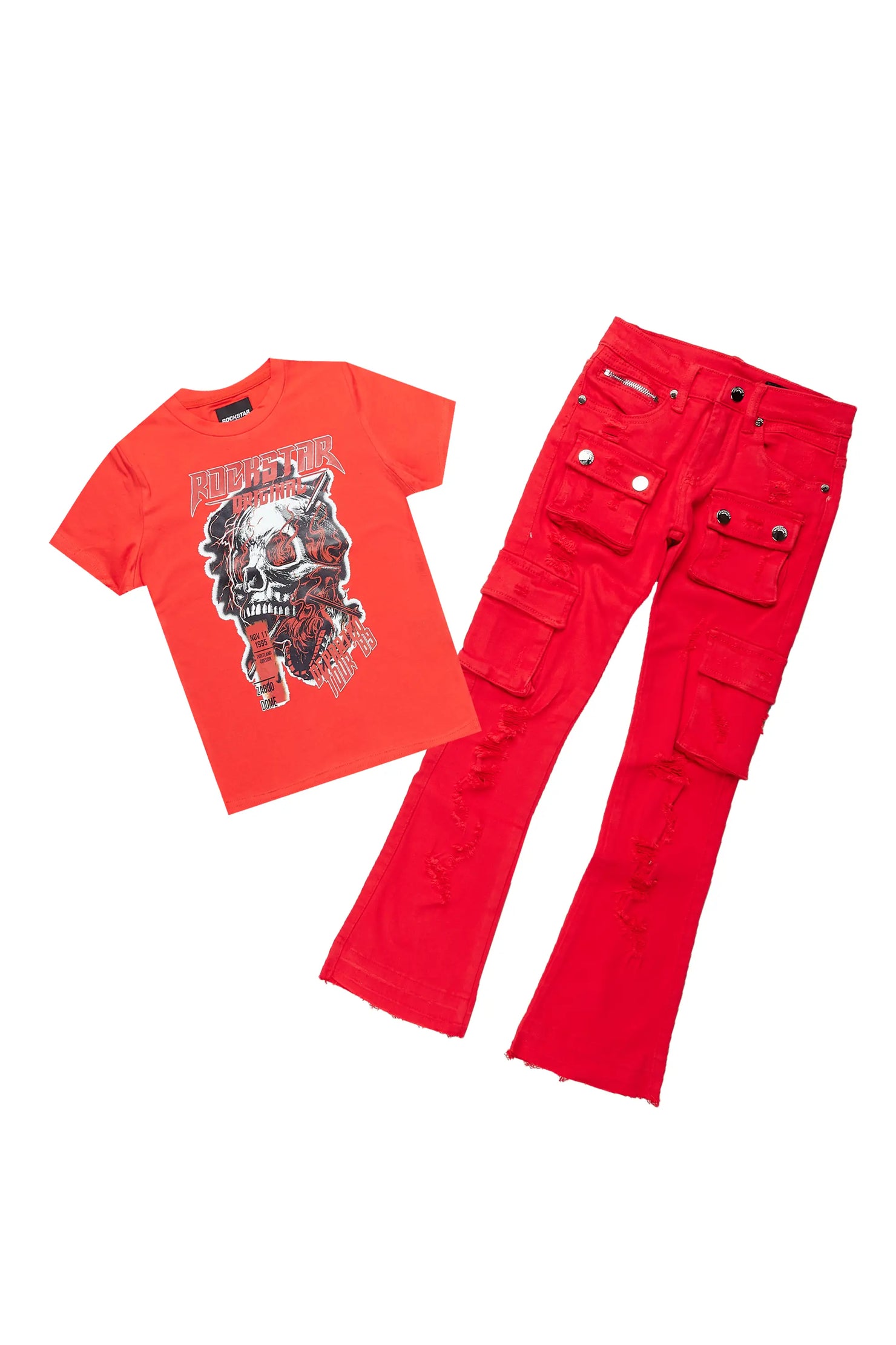 Boys Tobias Red T-Shirt/Super Stacked Flare Jean Set
