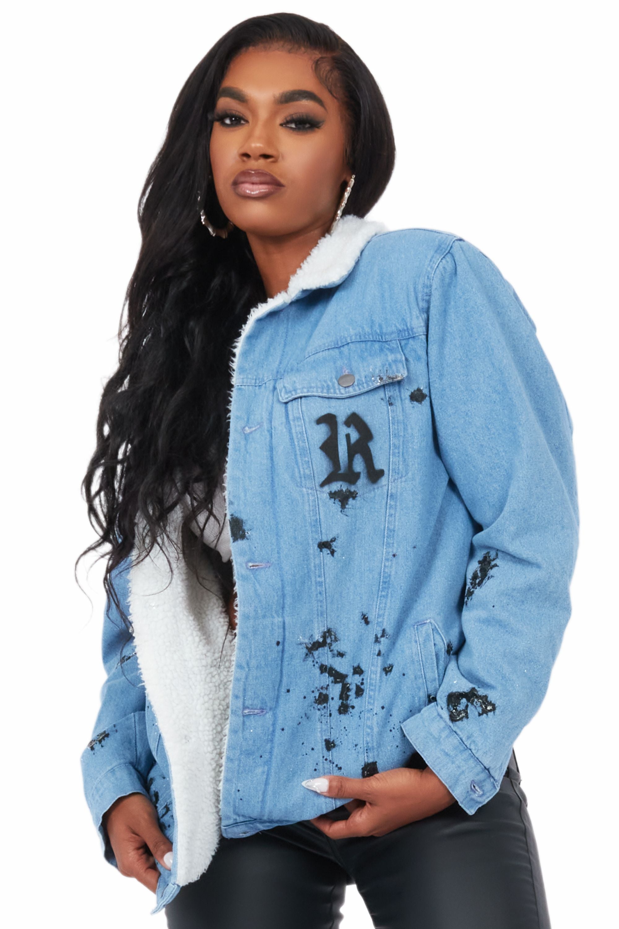 Light denim jacket with on sale fur