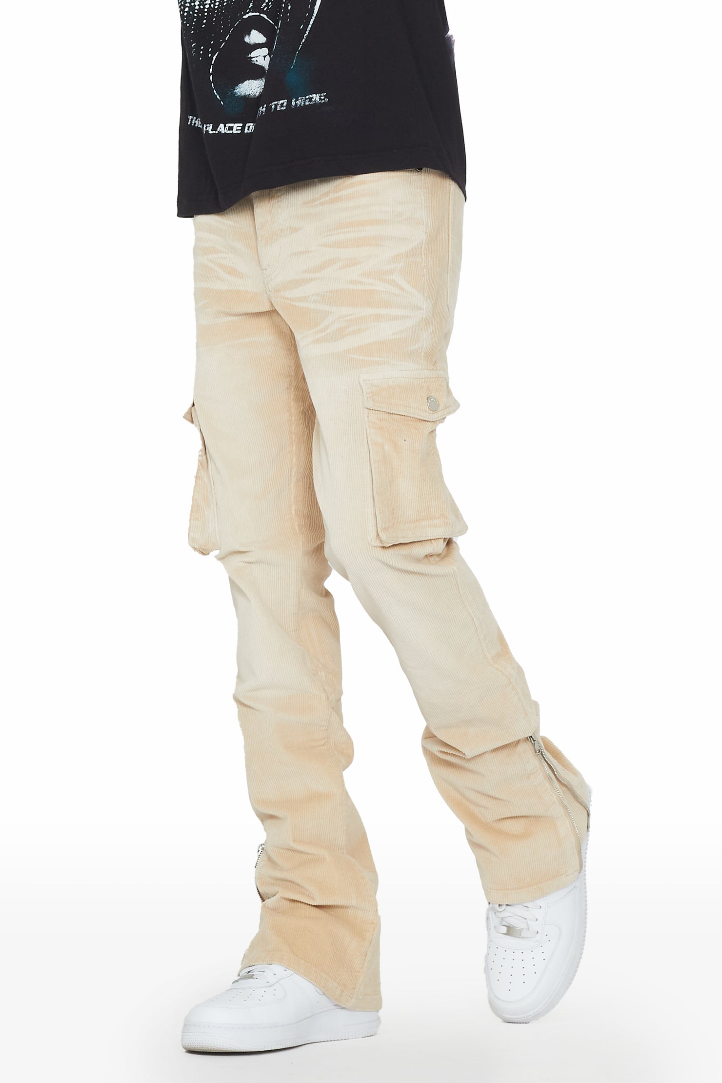 Jaylen Beige Stacked Flare Corduroy Pant