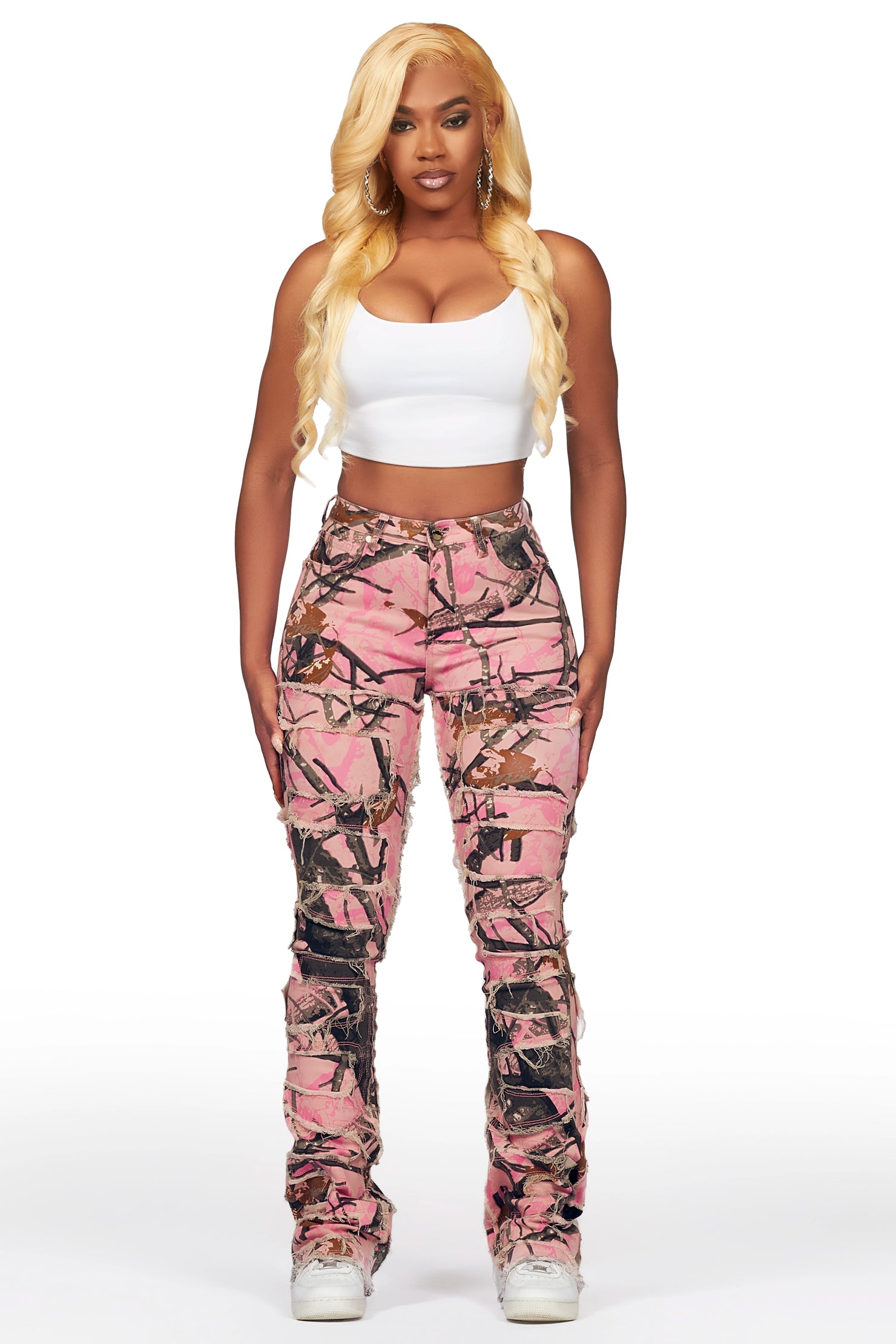 Zariyah Pink Tree Camo Stacked Flare Jean