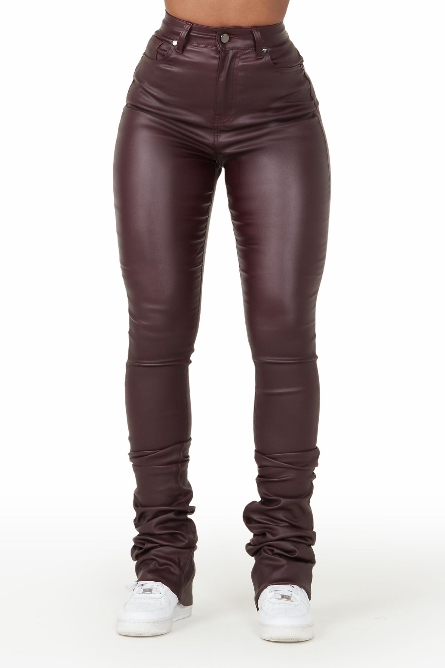  Women Pocket Faux Leather Pants Leggings Pants High Waisted  Leather Stacked Pants Wine XL