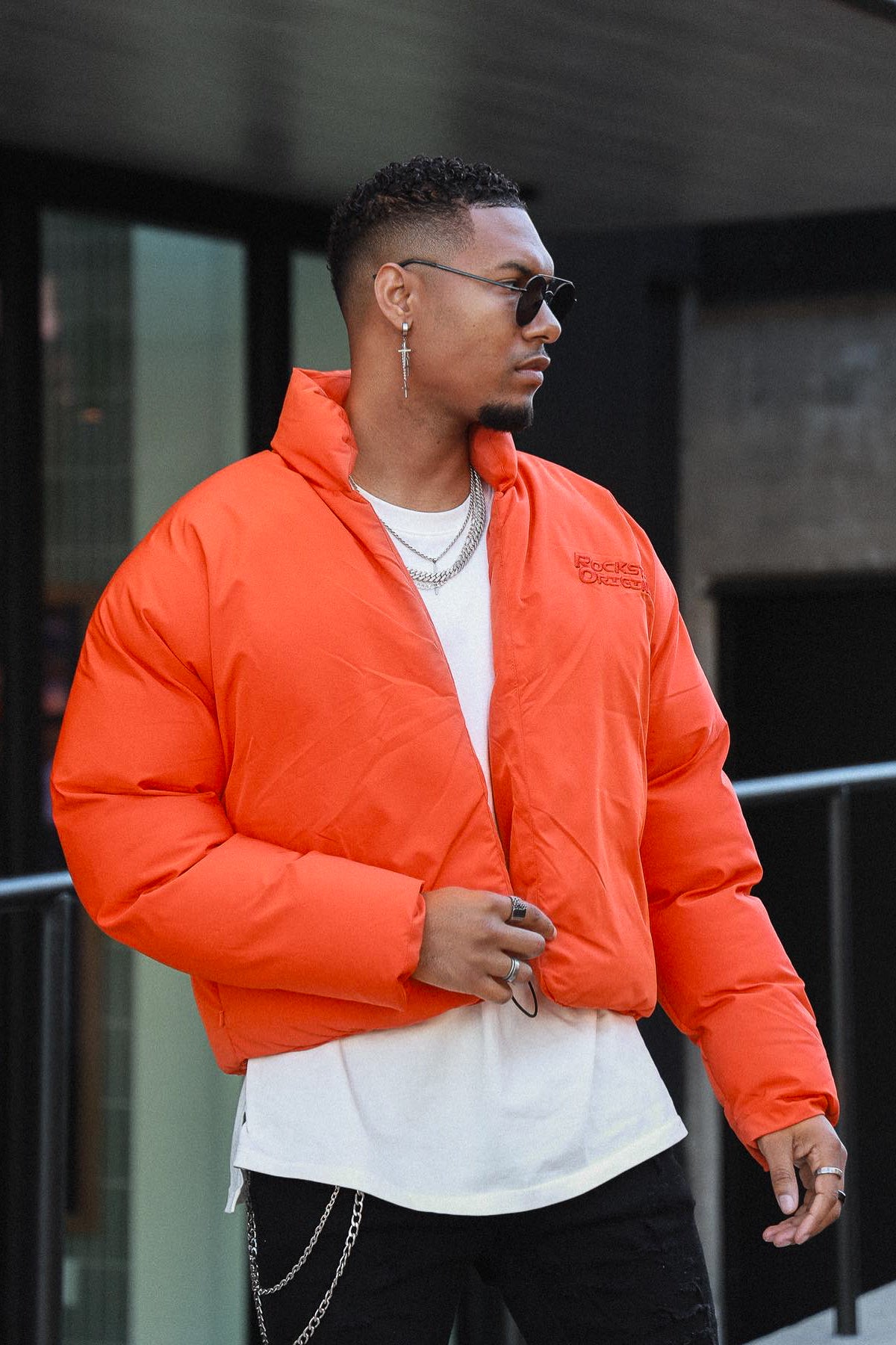 Orange puffer discount jacket mens