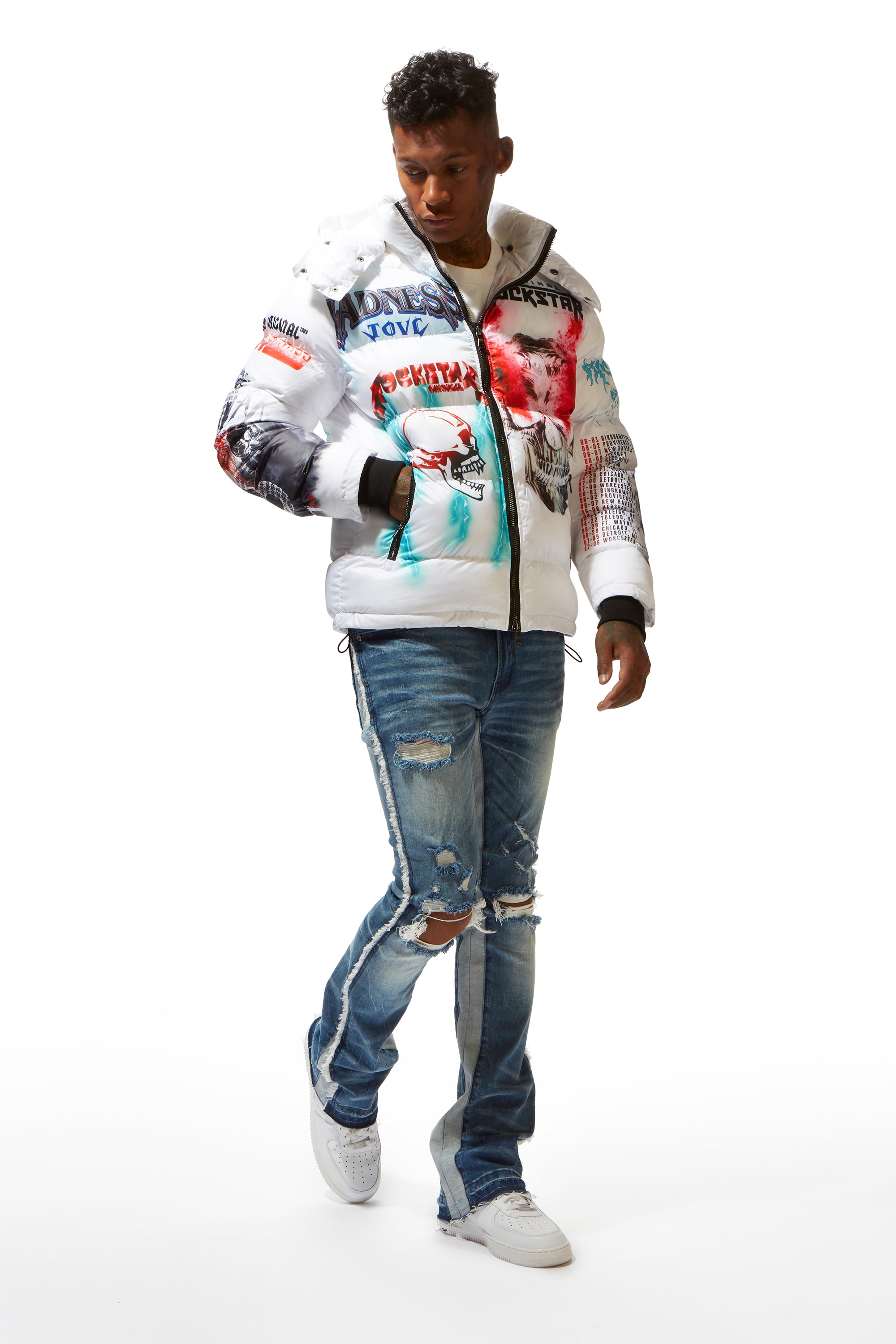 White Nash Graphic Print Puffer Jacket– Rockstar Original