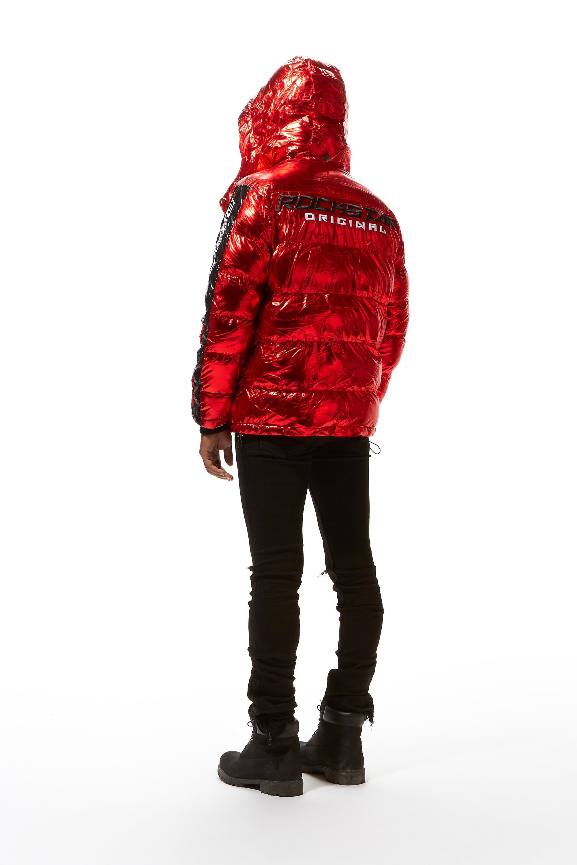 Shiny red store puffer jacket mens