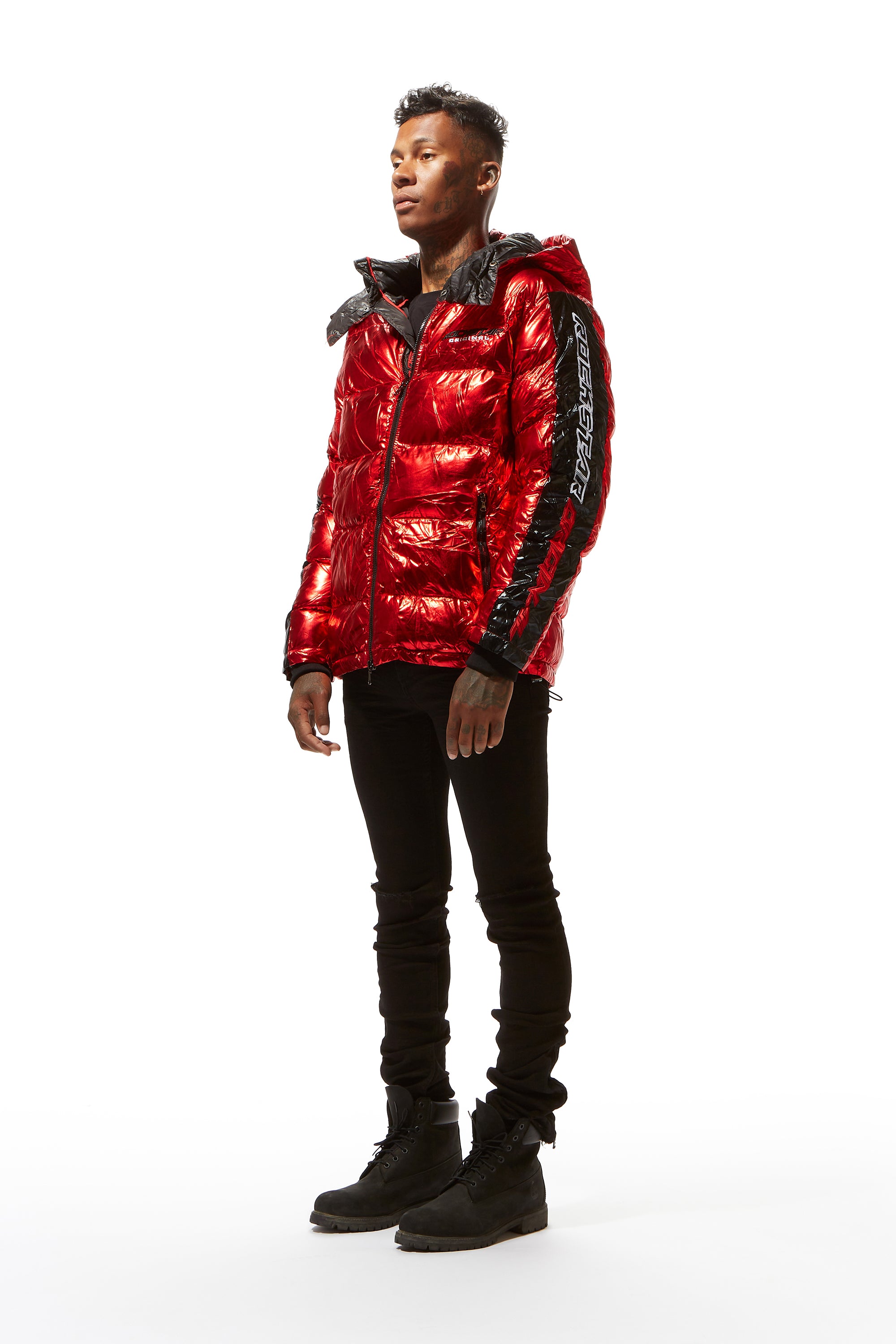 Red puffer 2024 jacket shiny