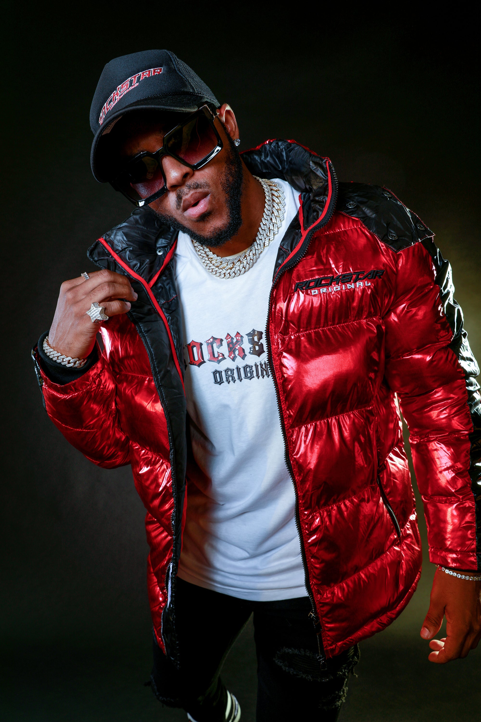 Metallic champion puffer jacket on sale red